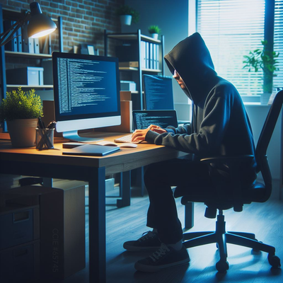 create a hacker typing on his computer in the corner of the office..png