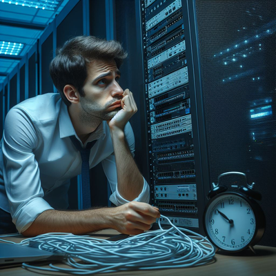 create a network engineer looking at the rack of a datacenter. He looks tired trying to find.png