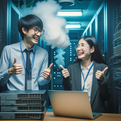 create two network engineer talking happy while behind them in the datacenter there is smokin.png
